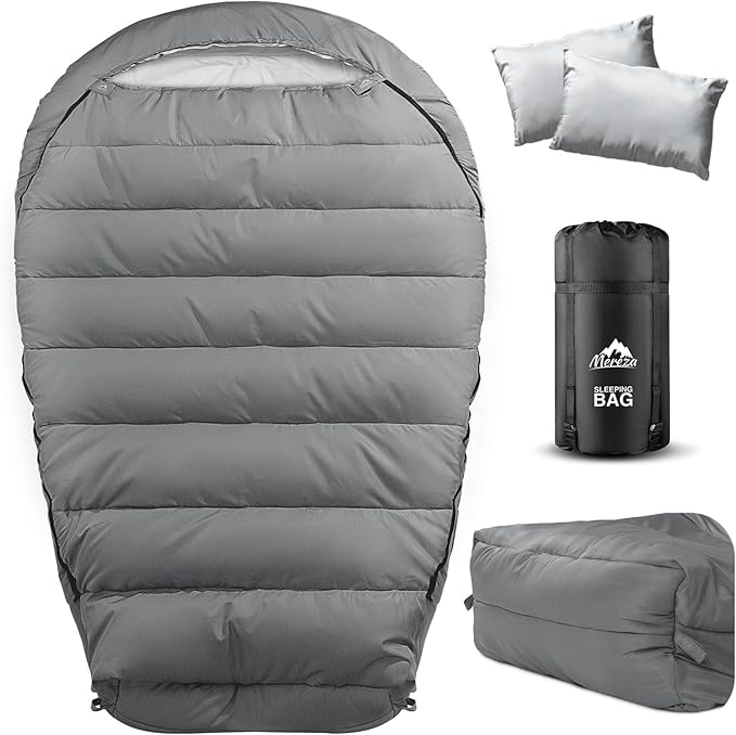 MEREZA Mummy Double Sleeping Bag for Adults with Pillow Cold Weather 0 Degree 2 Person Sleeping Bag for Big Tall Mens Couples Family Camping