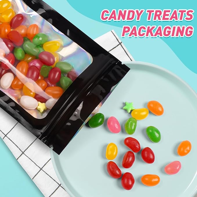 Funfery 300 Pack Smell Proof Resealable Bags for Food Storage,Holographic Bags 3.1x5.1 Black Mylar Clear Packaging Bag- Scent Proof for Cookies, Zip Foil Pouch for Small Business