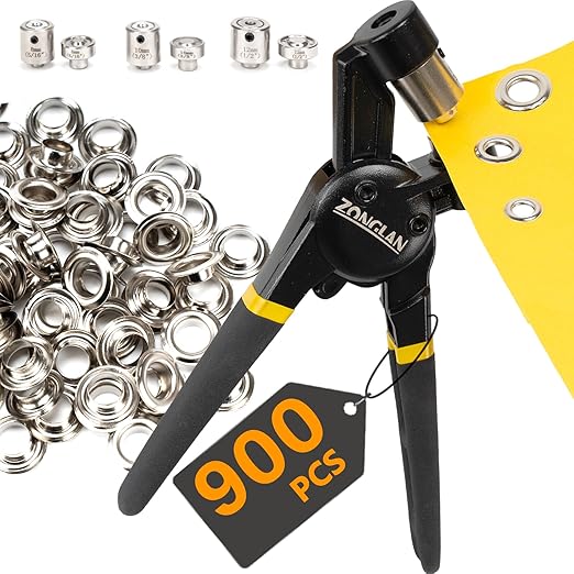 Heavy Duty Grommet Tool Kit of 1/2" 5/16" and 3/8",Multi Size Handheld Eyelet Tool Plier Rivet Press with 900 pcs Silver Grommets for Tarp Leather Fabric