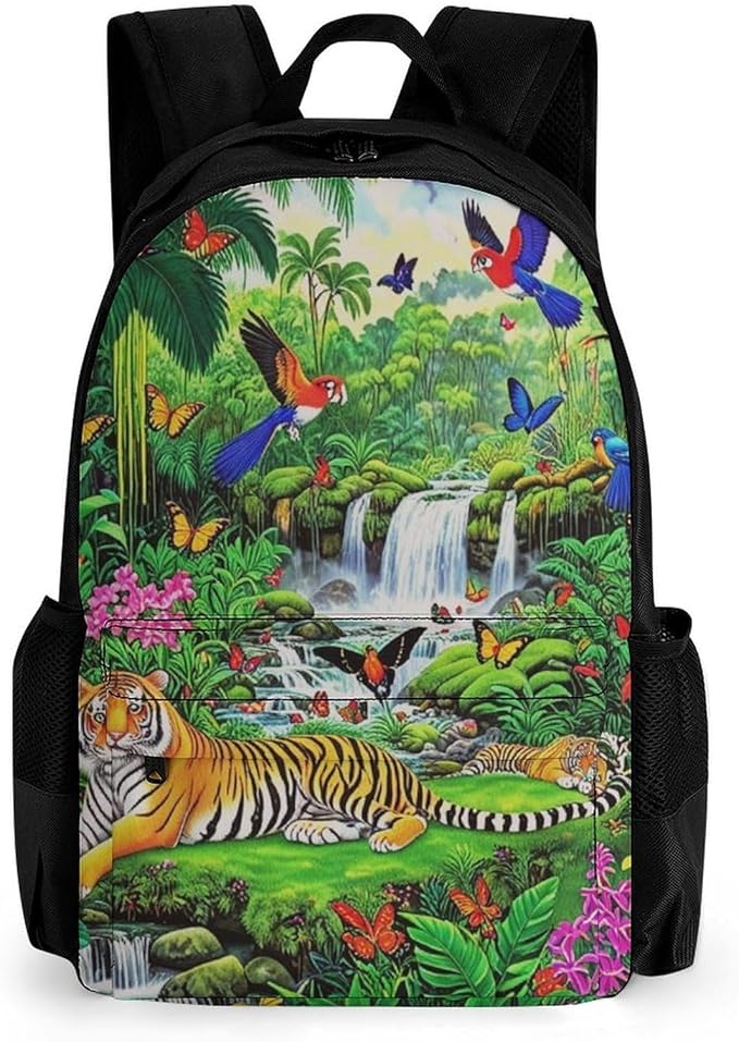 Supdreamc Shoulder Book Bags Anti-Theft Multipurpose Big Capacity Bookbag, King Of The Tiger Tropical Rainforest Landscape Jungle Parrot Birds Travel Hiking Backpack With Smooth Zippers