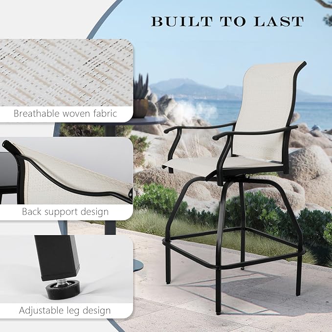 LEVELEVE Patio Bar Set 2pcs Swivel Bar Stools Outdoor Bistro Textilene Furniture Stability All-Weather Set (2, Beige Fabric)