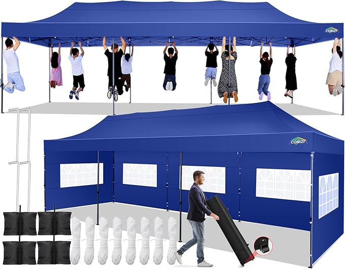 COBIZI 10x30 Pop up Canopy Tent 10x30 Canopy with 8 Sidewalls Waterproof Heavy Duty Commercial Canopy Tent for Parties Outdoor Garden Gazebo, Carry Bag with Wheel(10x30ft, Dark Blue)