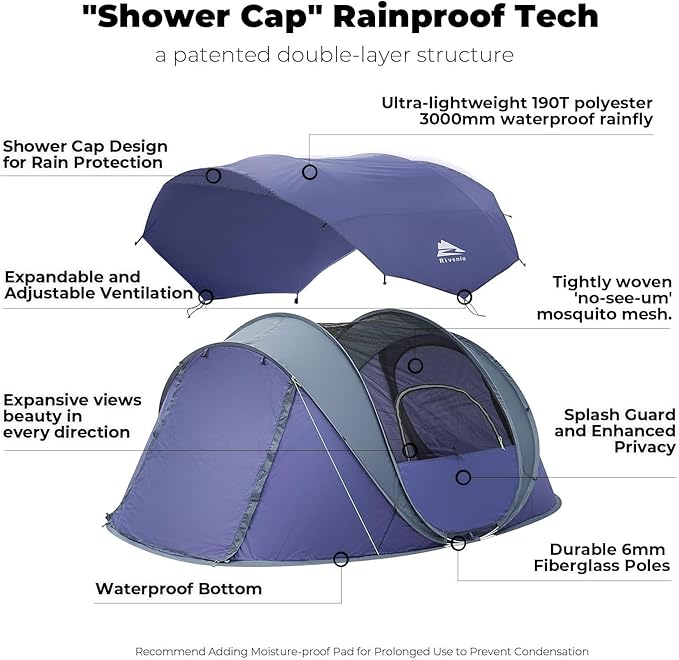4 Person Easy Pop Up Tent, Waterproof, Automatic Setup,2 Doors-Instant Family Tents for Camping, Hiking & Traveling