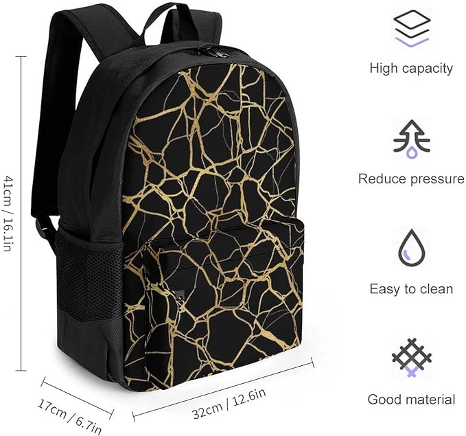 Supdreamc Lightweight Rucksack for Sports Travel Running, Big Capacity Multipurpose Anti-Theft Bookbag, Gold Black Marble Texture Travel and Sport Backpack Rucksack