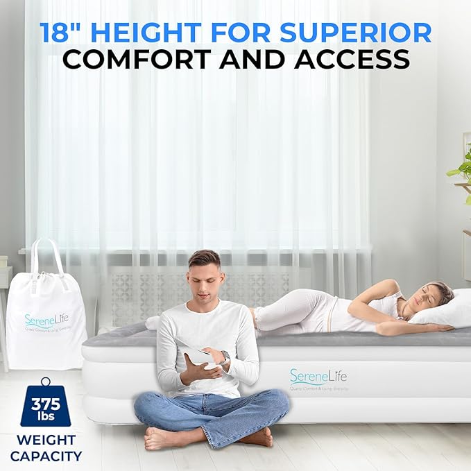 SereneLife Luxury Twin Size Air Mattress with Built-in High Speed Pump, Adjustable Firmness Levels, Strong Spine Support, 18" Inflatable Airbed for Home, Guests, Camping, and Travel