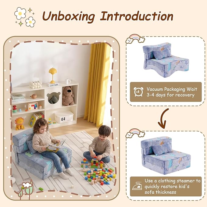 Folding Sofa Bed Floor Mattress for Kids with Pillow Toddler Glow in Dark Washable Mat for Sleeping, Child Fold Up Dinosaur Chair Bed with Storage Bag for Playroom, Camping, Girls Boys, Blue