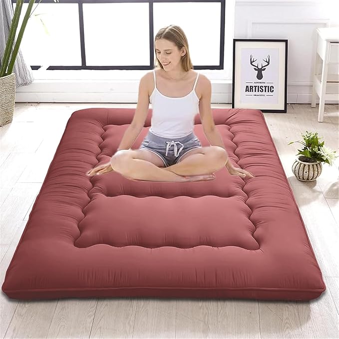 Japanese Floor Mattress,Thicken Japanese Floor Sleeping Pad Foldable,Roll Up Tatami Mat Easy to Store and Portable,Futon Mattress Suitable for Camping and Guest Room (Red, Twin (80" x 36"))