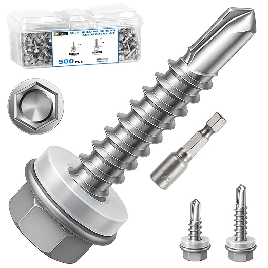 500Pcs Self Tapping Screws Assortment Kit, Self Drilling Screws for Metal, #8 1/2" 3/4", Sheet Metal Screws with Hex Washer Head