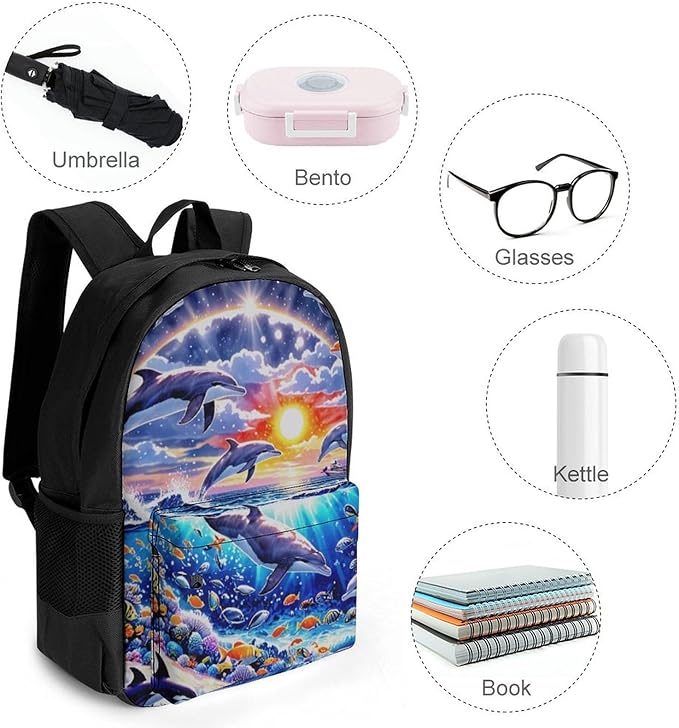 Supdreamc Lightweight Rucksacks for Camping Picnic Walking Cycling, Large Capacity Multipurpose Anti-Theft Carry On Bag, Dolphin Underwater World Rainbow Travel Hiking Camping Rucksack