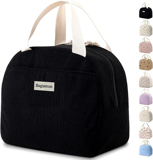 Lunch Bag for Women Men Cute Corduroy Lunch Tote Bags Reusable Insulated Lunch Box Large Capacity Reusable Insulated Cooler for Work/Picnic/Travel