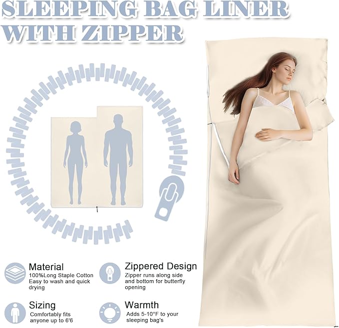 Sleeping Bag Liner,Long Staple Cotton, Adult Sleep Sack & Travel Sheets,Travel Sleep Sack for Backpacking, Hotels & Hostels Lightweight Travel Sheet Camping Sheets,Has Full Length Zipper