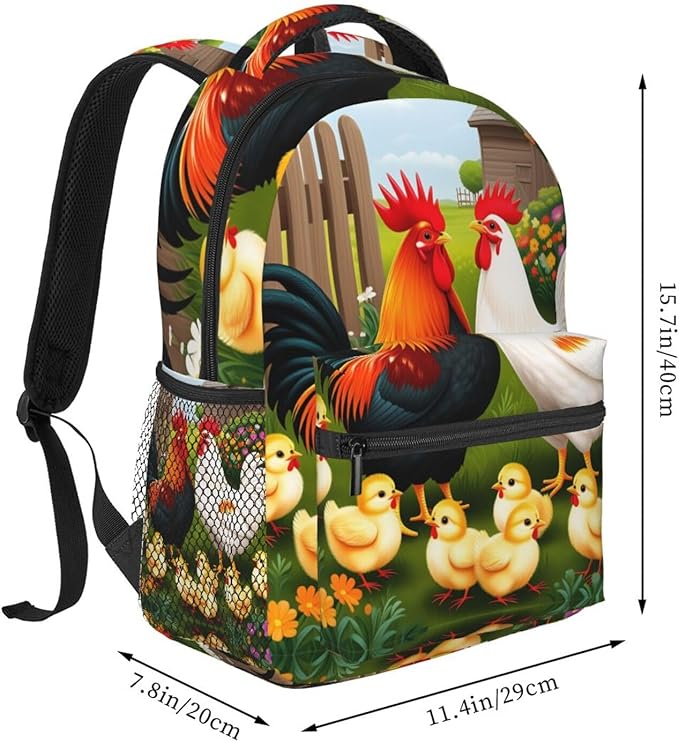 Lightweight Daypack Bookbag for Trekking Business Walking Cycling, Big Capacity Anti-Theft Multipurpose Carry On Bag, Chicken Rooster Garden Flowers Art Business Computer Bag