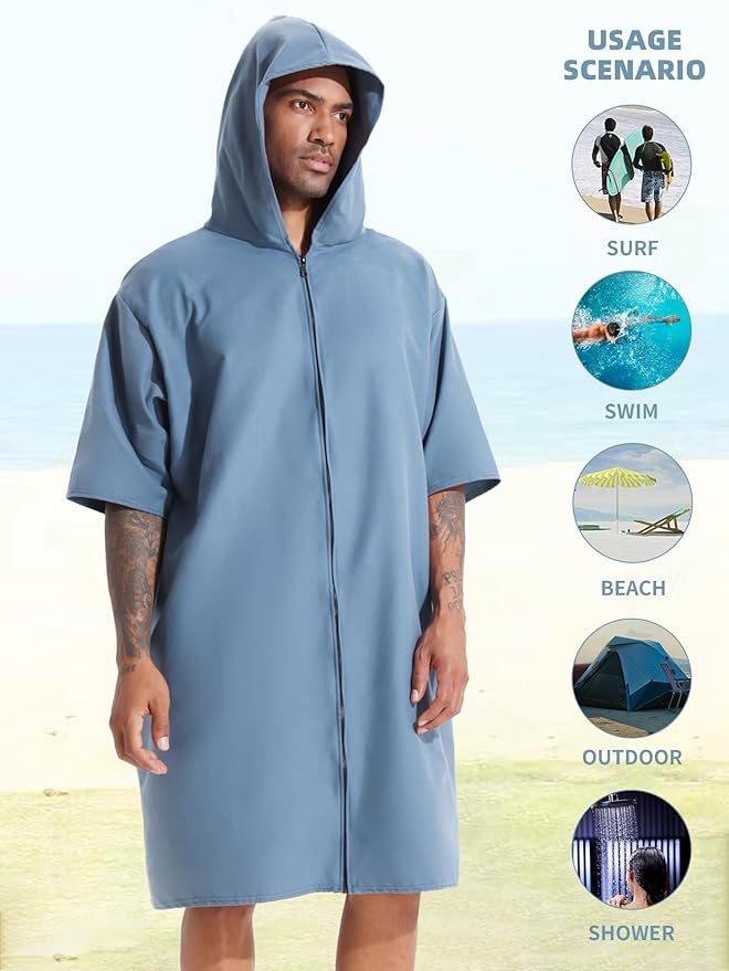 PISIQI Surf Poncho Changing Robe with Hood Absorbent Quick Dry Microfiber Wetsuit Zipper Towel for Beach Surfing Men Women
