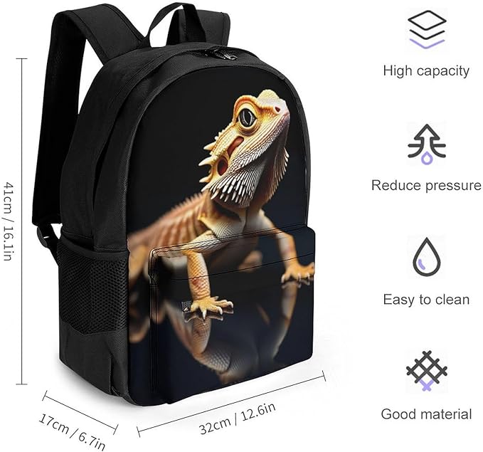 Men Women Polyester Cool Bearded Dragon Lizards Animal Black Daypack Backpack Large Capacity Carry On Bag With Smooth Zippers for Hiking Picnic Walking Cycling