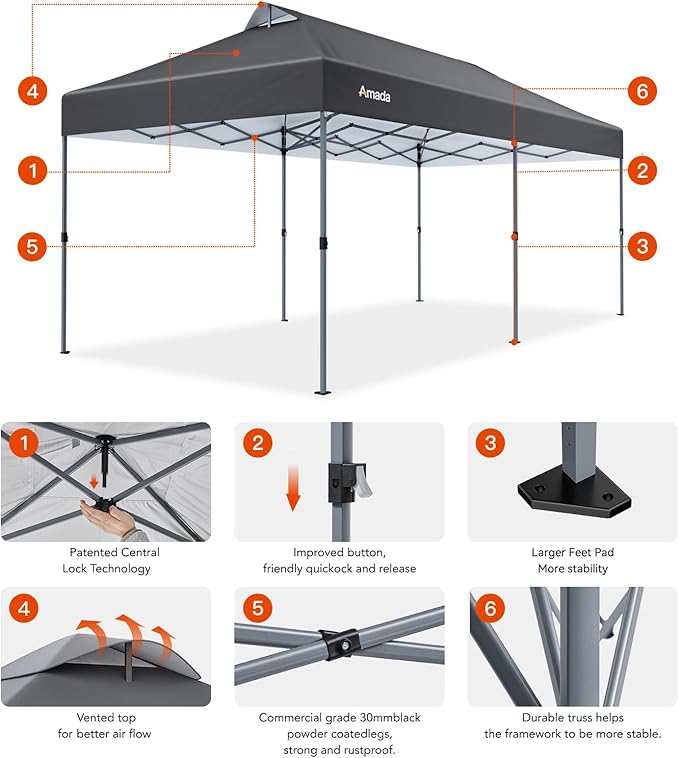 Amada 20x10 Pop Up Canopy - Center Lock One Push Instant Setup Gazebo Outdoor Canopy Beach Tent with STO-N-Go Bag 8 Stakes & 4 Sand Bags, 3-Height Adjustable Shade Shelter (20x10ft, Grey)