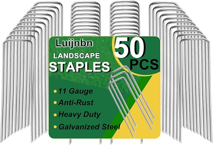 50 Pack Lawn Staples, Premium Garden Landscape Staples, Galvanized Heavy-Duty Gauge Stakes, U-Shaped Tent Stakes, Anti-Rust Fence Netting Pins Ground Spikes, Sod Pins