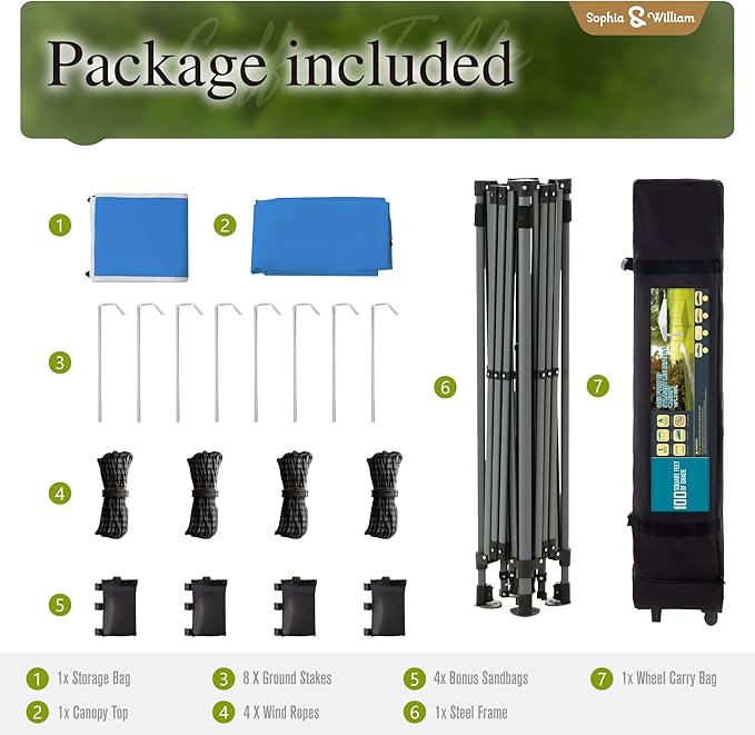 Sophia & William Canopy Tent Pop Up 10x10 ft One Person Push Set Up Tent, Outdoor Canopies Shelter Heavy Duty Straight Legs with 4 Sandbags & Guy Ropes, 1 Roller Bag & Storage Bag, 8 Stakes UPF50+