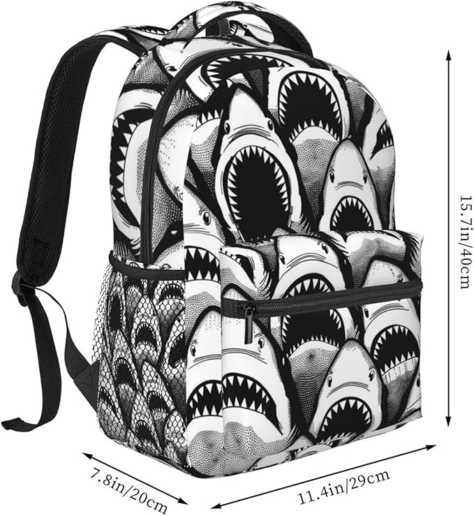 Lightweight Daypack Bookbag for Trekking Business Walking Cycling, Big Capacity Anti-Theft Multipurpose Carry On Bag, Animal Black And White Sharks Art Business Computer Bag