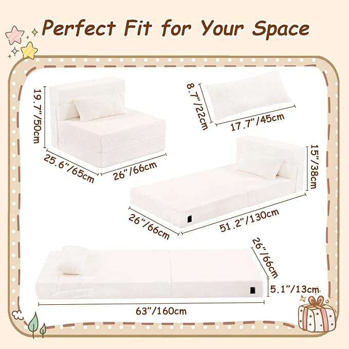 Folding Sofa Bed Beige Floor Mattress for Kids with Pillow, Toddler Washable Folded Floor Mat for Daycare, Child Fold Up Sofa Chair Bed with Storage Bag for Playroom, Camping, Girls and Boys
