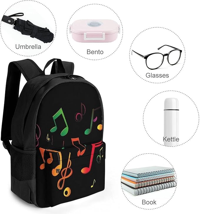 Supdreamc Lightweight Daypack for Camping Business Walking Cycling, Large Capacity Anti-Theft Multipurpose Bookbag, Colorful Music Note Black Gym Outdoor Hiking Backpack