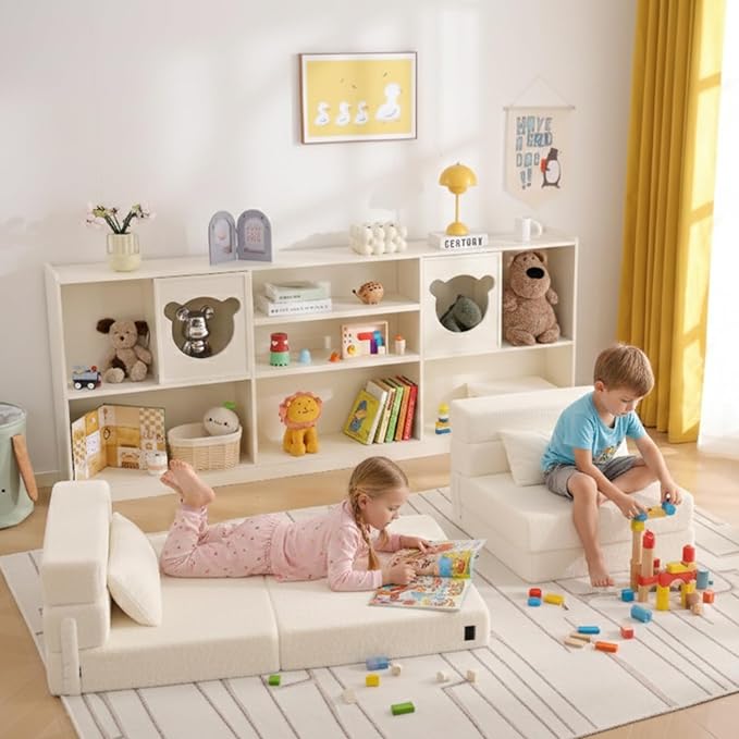 Folding Sofa Bed Beige Floor Mattress for Kids with Pillow, Toddler Washable Folded Floor Mat for Daycare, Child Fold Up Sofa Chair Bed with Storage Bag for Playroom, Camping, Girls and Boys