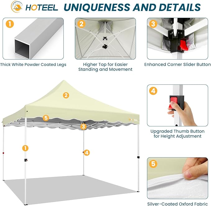 HOTEEL 10x10 Pop Up Canopy, Easy Setup Party Tent with Carry Bag, Weight Bag, Outdoor Portable Event Shelter for Backyard, Market, Khaki