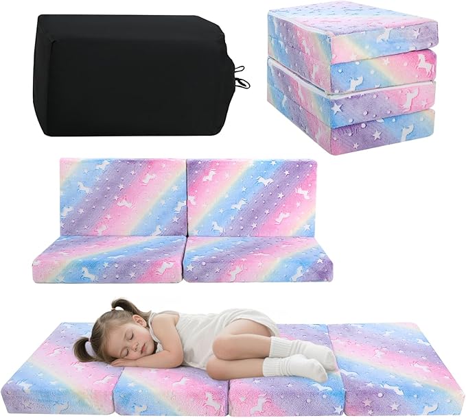 MeMoreCool Kids Folding Mattress, Trifold Mat Foldable Floor Mattress for Kids, 63x26 Portable Floor Mat with Washable Cover and Carry Bag, 4 Inch Foam Medium Firmness, Rainbow