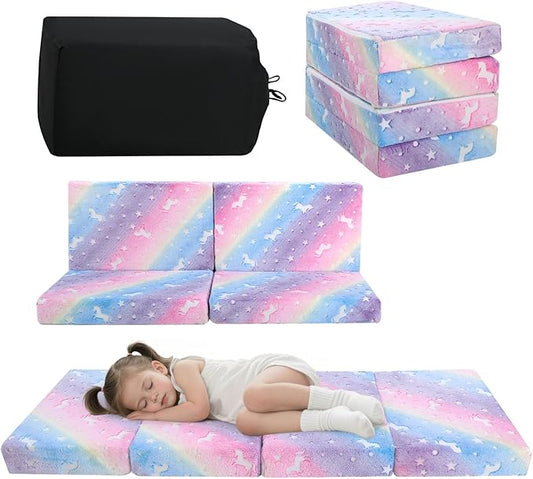 MeMoreCool Kids Folding Mattress, Trifold Mat Foldable Floor Mattress for Kids, 63x26 Portable Floor Mat with Washable Cover and Carry Bag, 4 Inch Foam Medium Firmness, Rainbow