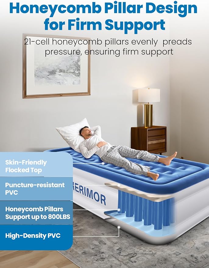 Twin XL Air Mattress with Built-in Pump, 18" Raised Comfort, 80“ Length, 48Hr Leak-Proof Test, Upgraded Honeycomb Pillar Design, Supports 500 lbs, 2-Min Inflation for Home Guests-Blue