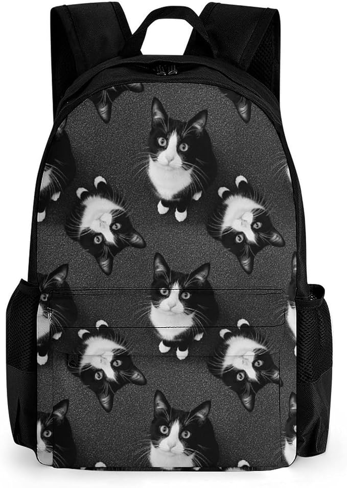 Daypack Backpack Anti-Theft Multipurpose Large Capacity Carry On Bag, Black White Cat Traveling Camping Backpack With Side Pockets