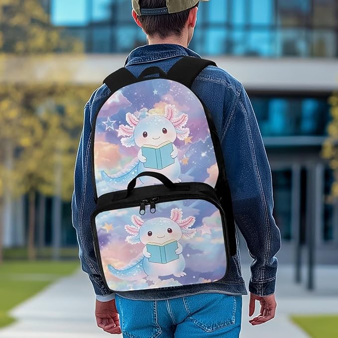 HUGS IDEA Axolotl Backpacks for Girls 4-6 Schoolbag with Lunch Box Cute Preschool Book Bags Student Hiking Camping Rucksack Daycare Bags Mochilas Para NiñA