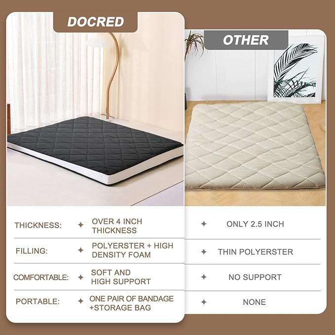 DoCred Queen Size Futon Mattress, Extra Thick Foldable Japanese Floor Mattress Memory Foam Sleeping Pad for Adults, Roll Up Mattress Tatami Mat Breathable Floor Lounger Guest Bed