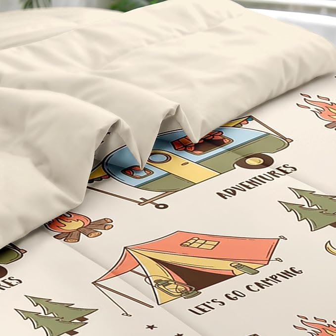 Comforter Set King Size, Summer Camp RV 7 Pcs Bedding for Kids and Adults, Camping Adventure Bed Sheet Sets with Fitted Sheet 2 Pillowcases & 2 Shams for Bedroom Bed Decor