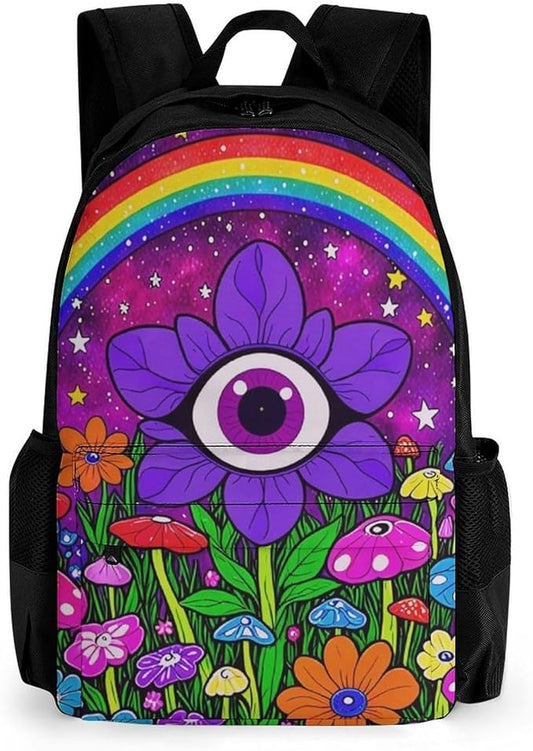 Supdreamc Shoulder Book Bags Anti-Theft Multipurpose Big Capacity Bookbag, Trippy Psychedelic Magic Eye Flower Art Travel Hiking Backpack With Smooth Zippers