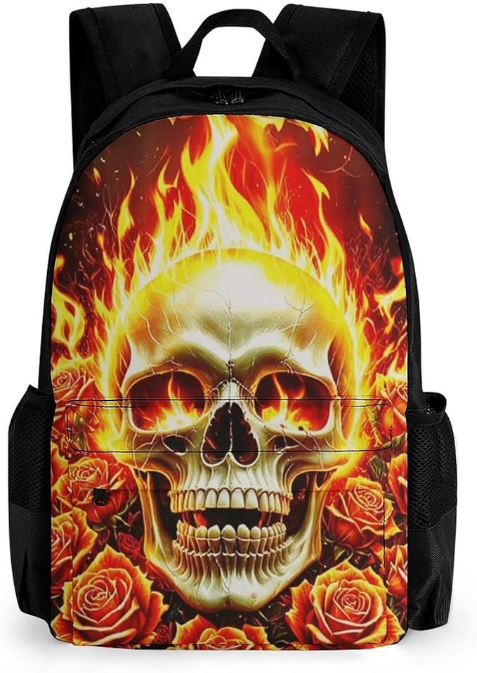 Lightweight Rucksacks for Camping Picnic Walking Cycling, Large Capacity Multipurpose Anti-Theft Carry On Bag, Skull Rose Fire Travel Hiking Camping Rucksack