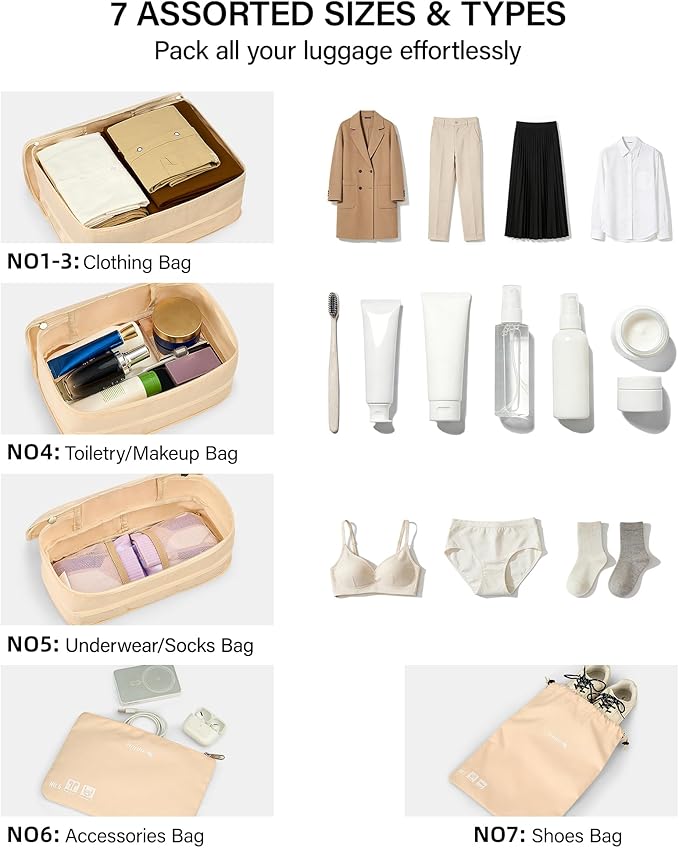 Hanke 7 Piece Expandable Compression Packing Cubes, Premium Travel Packing Organizers for Suitcases/Carry On, Luggage Organizer Bags with Breathable Mesh & Label,Off White