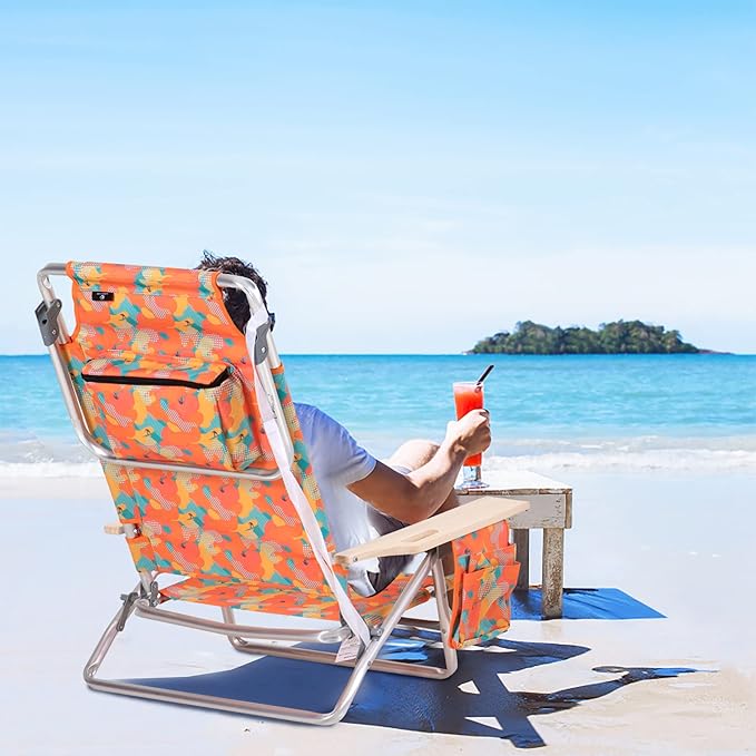 LET'S CAMP Backpack Beach Chair Set of 2, 5-Position Classic Lay Flat, Insulated Cooler Bag, Cup Holder, Storage Pouch and Tower Bar, Support 250LBS, Camo