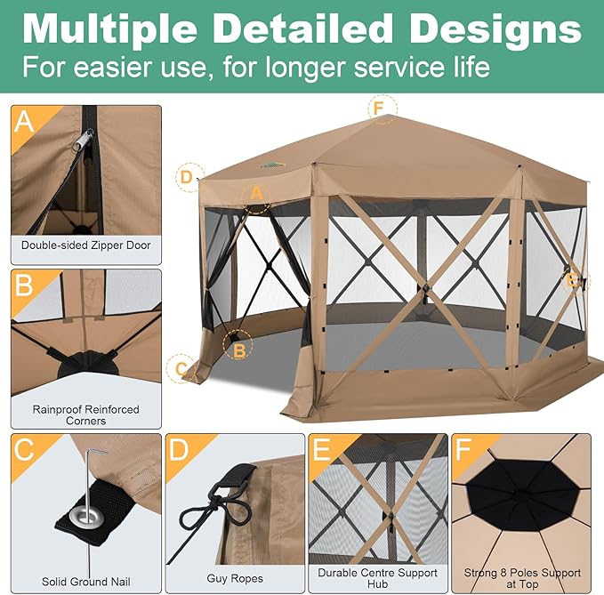 COBIZI 15x15 FT Pop Up Gazebo - Canopy Tent, Large Gazebos On Clearance,Instant Screened in Gazebo,carpas para Patio,Portable Screen Tents for 12-15 Persons Outdoor Camping, Backyard,Khaki