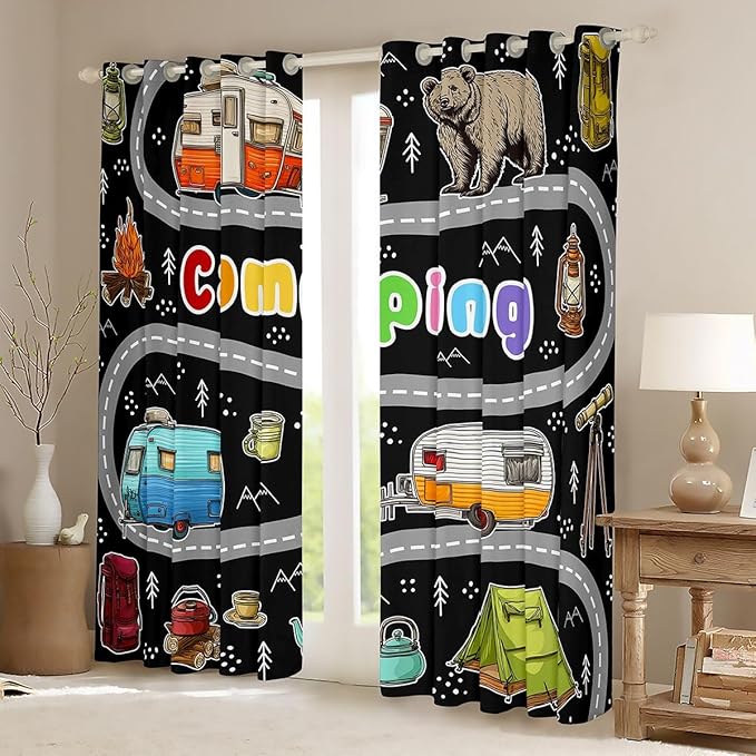 Feelyou Black Rv Camping Camper Curtains for Bedroom Living Room Wildlife Animal Bear Blackout Shades Camping Adventure Room Darkening Curtain Window Treatments, 2 Panels 52 x 90 Inch Decor