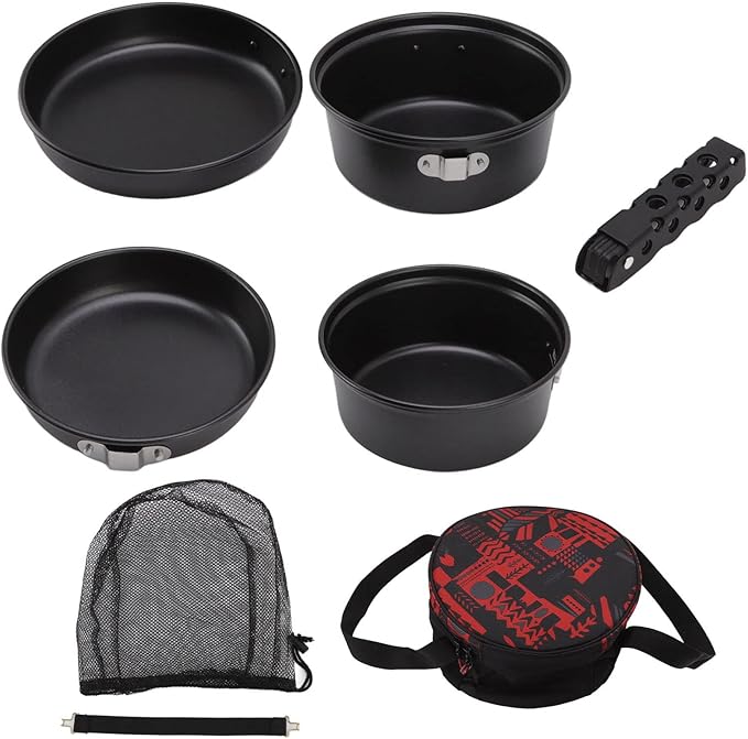 Camping Cooking Pot Pan Set, Prevent Stick Portable Aluminum Alloy Stackable Open Fire Outdoor Cookware Even Heat Conduction with Tote Bag for Hiking