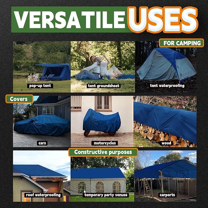 Blue Tarp 10x16 Feet, 8 Mil Thick, UV Resistant, Multipurpose Waterproof Poly Tarp Cover with Metal Grommets and Reinforced Edges by RAINDEWAY