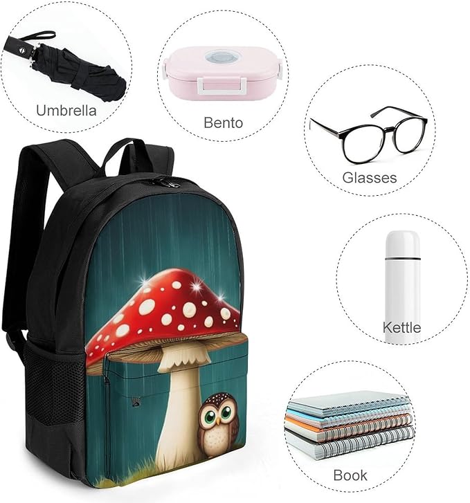 Shoulder Book Bags Polyester Multipurpose Anti-Theft Cute Owl Mushroom Carry On Bag Large Capacity Travel Hiking Camping Rucksack