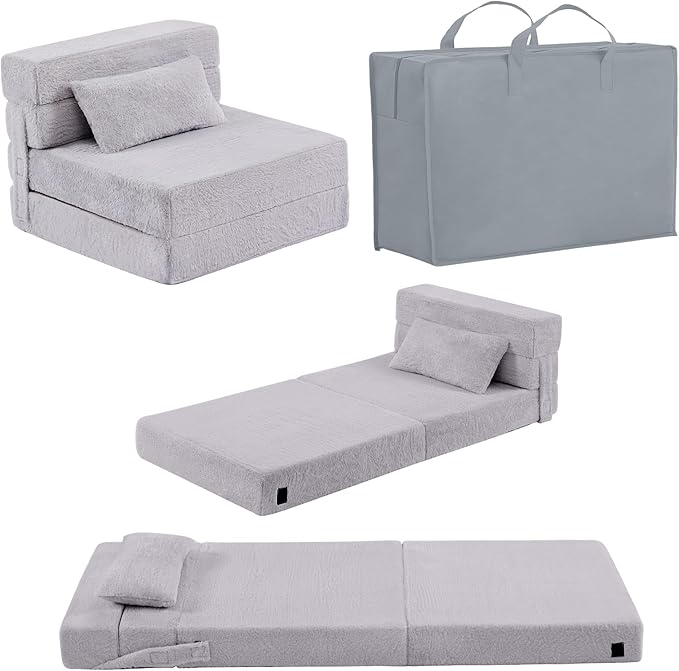 Folding Sofa Bed Mattress for Kids with Pillow, Toddler Washable Folding Floor Mat for Daycare, Child Fold Up Sofa Futon Chair Bed with Storage Bag for Playroom, Camping, Girls and Boys, Grey