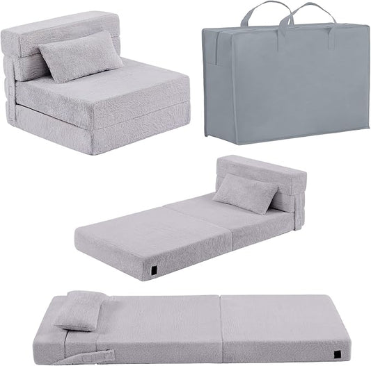 Folding Sofa Bed Mattress for Kids with Pillow, Toddler Washable Folding Floor Mat for Daycare, Child Fold Up Sofa Futon Chair Bed with Storage Bag for Playroom, Camping, Girls and Boys, Grey