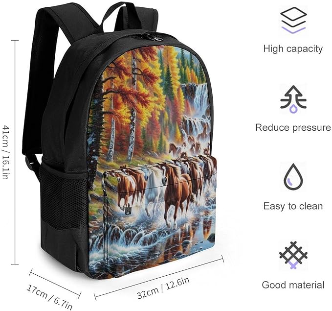Supdreamc Polyester Daypack for Hiking Work Running, Big Capacity Anti-Theft Multipurpose Shoulder Bag, Beautiful Horses Running In River Waters Travel and Sport Backpack Rucksack