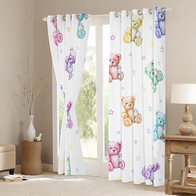 Colorful Bears Window Curtain | Girly Princess Blackout Curtain for Women Bedroom Decor,Cartoon Bear Curtains Dreamy Coquette Living Room Top 2 Panels,52Wx90L