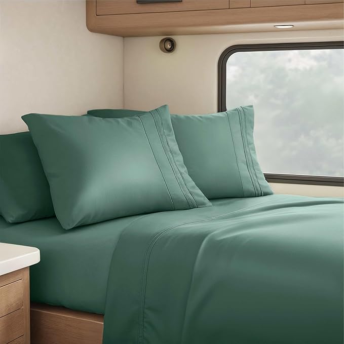 Hearth & Harbor Short Queen Sheets for RV, Forest Green RV Queen Sheets, Silky Soft 1800 Microfiber Bed Sheet for Camper, 4 Piece RV Bedding with Pillowcases
