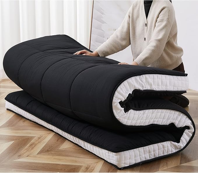 SUNYRISY Japanese Floor Futon Mattress, Thicken Foldable Bed Mattress, Roll Up Sleeping Pad Tatami Mat, Floor Lounger Guest Bed for Camping Couch Car, Black, Full