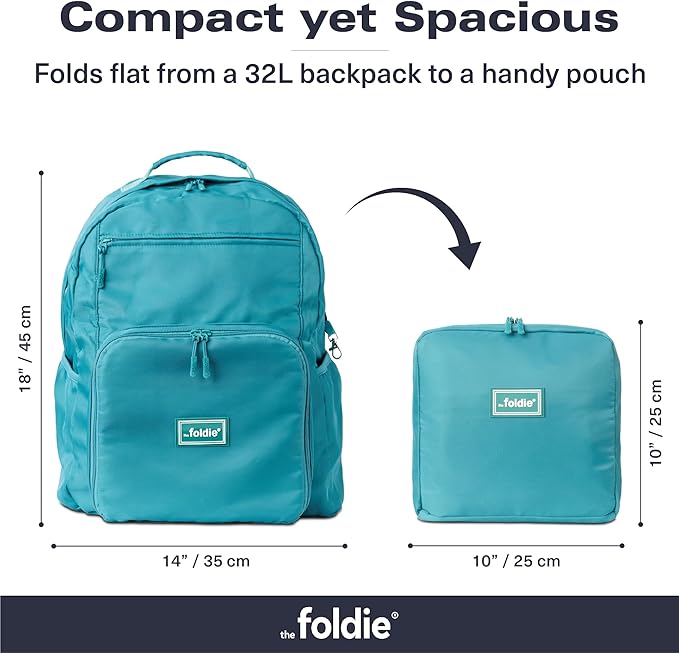 The Foldie Packable Backpack for Travel 32L - Lightweight Foldable Backpacks with Trolly Sleeve & RFID Protection - Water-repellent Casual Daypack Backpacks for Hiking, Camping & Gym - Teal