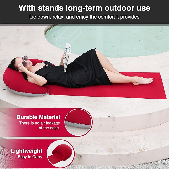 Beach mat with Inflatable Pillow, Portable mat, 70X30Inch (Red)